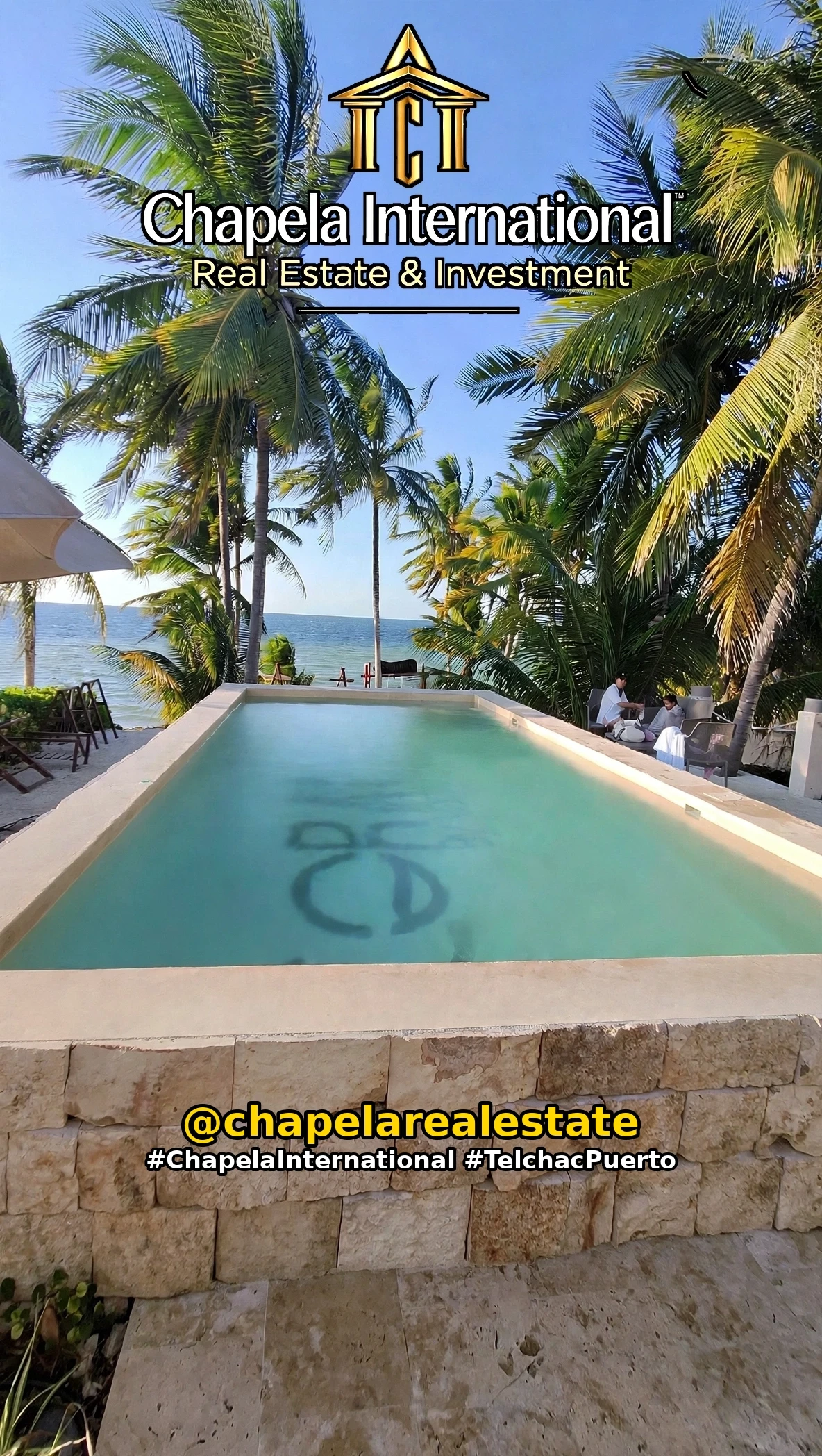 Beachfront pool with palm trees at Chapela Internacional